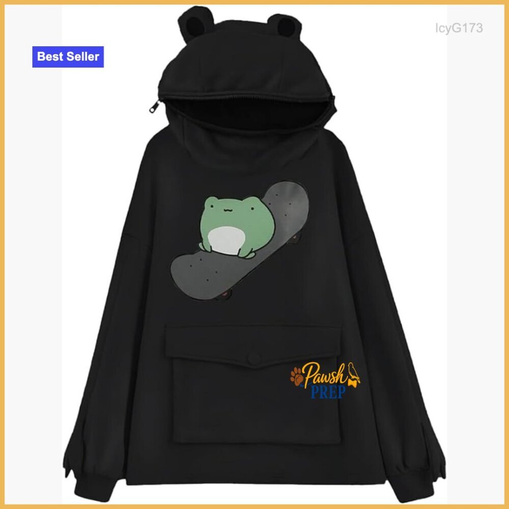 Oversized Frog Graphic Hoodie Pullover Sweatshirt with Zipper Pocket